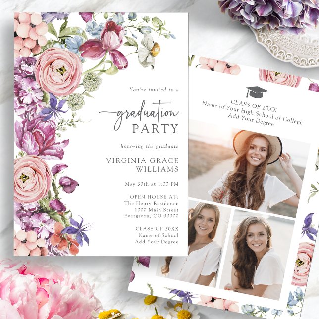 Convite de Formatura com Estampa Floral Moderna (Modern Floral Watercolor Graduation Party Invitation with Pictures by Painted Paperie
)