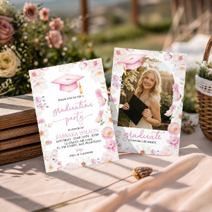 Convite de Formatura com Floral Rosa e Boina