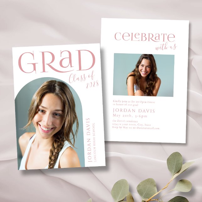 Convite de Formatura com Foto de Arco Moderno Rosa (Pink Modern Arch Photo Graduation Announcement)