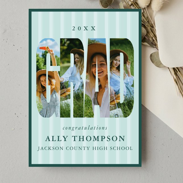 Convite de Formatura com Foto em Listra Clássica A (Blue Classic Stripe Photo Graduation Announcement)
