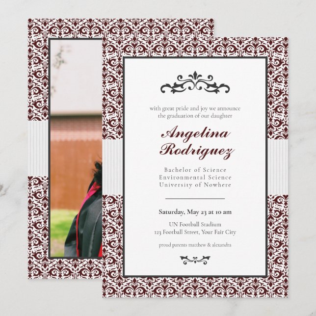 Convite de Formatura com Foto em Padrão Damask Mar (Frente/Verso)