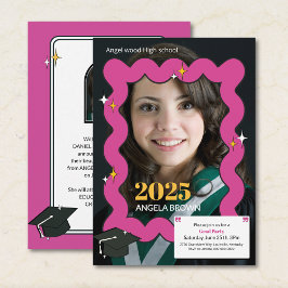 Convite de Formatura com Foto em Rosa Retro Squigg