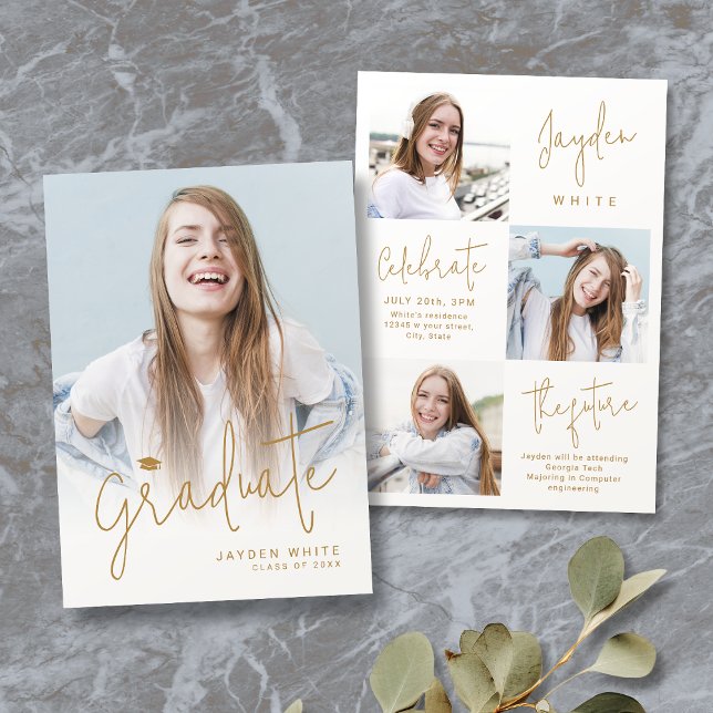Convite de Formatura com Foto em Script Moderno Do (Gold Modern Script 4 Photo Graduation Announcement)