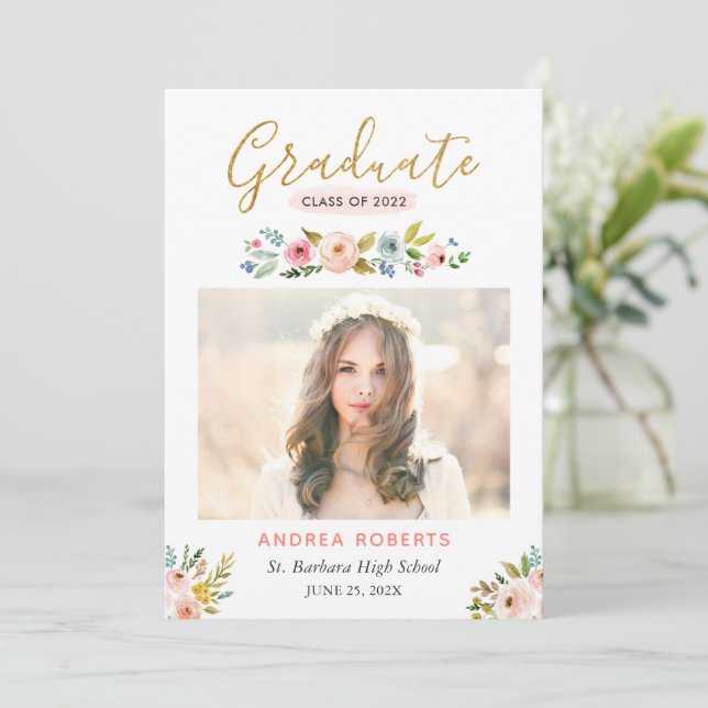 Convite de Formatura com Foto Floral Dourada (Em pé/Frente)