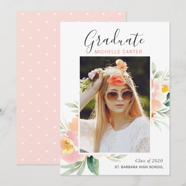 Convite de Formatura com Foto Floral em Aquarela (Frente/Verso)
