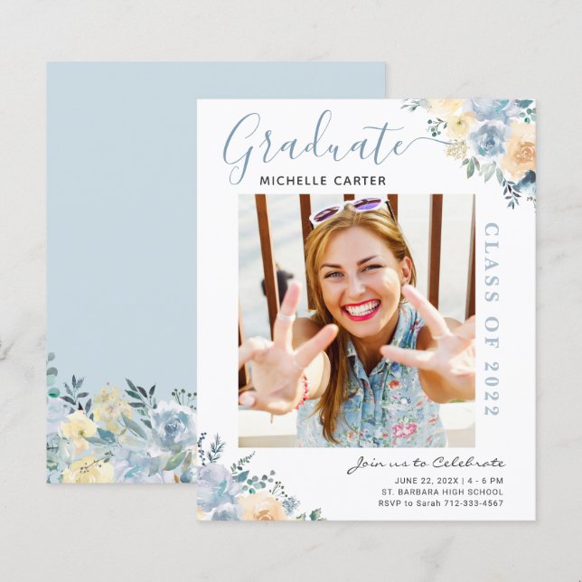 Convite de Formatura com Foto Floral em Azul Empoe (Frente/Verso)