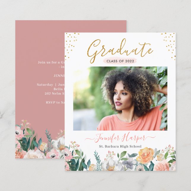 Convite de Formatura com Foto Floral Rosa Empoeira (Frente/Verso)