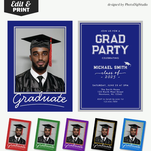Convite de Formatura com Foto Personalizada, Cláss (Custom Graduation Invitation Card | Blue and Silver Classic Design for Graduation Party and Ceremony)