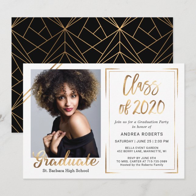 Convite de Formatura com Foto Preto e Dourado (Frente/Verso)