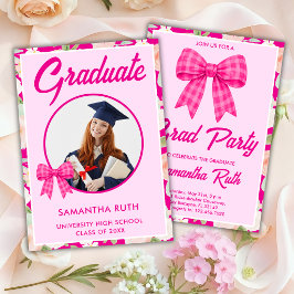 Convite de Formatura com Laço Xadrez Rosa Vibrante