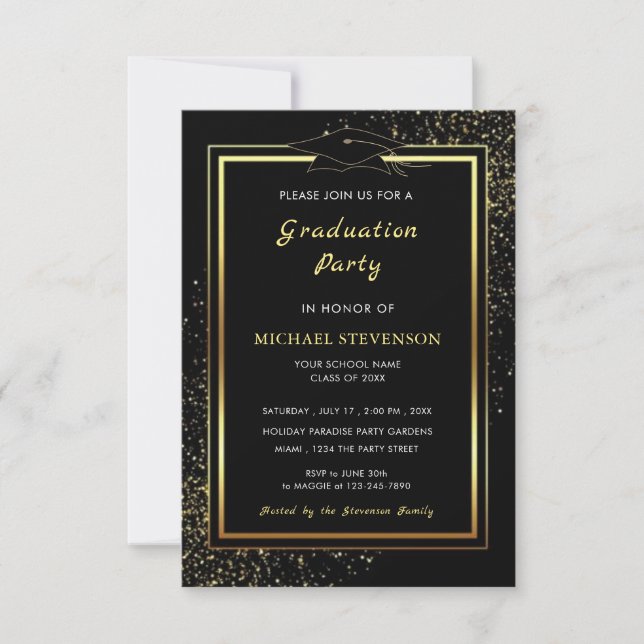 Convite de Formatura com Moldura Preta e Dourada E (Frente)