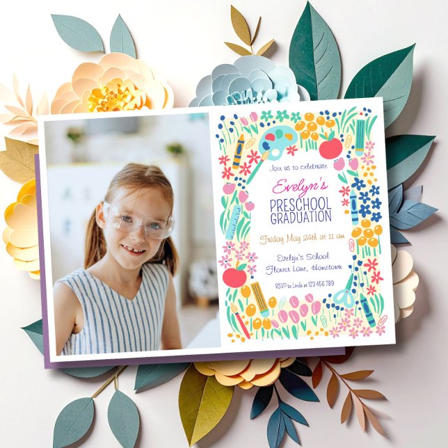 Convite de Formatura da Pré-Escola com Foto Floral (Criador carregado)