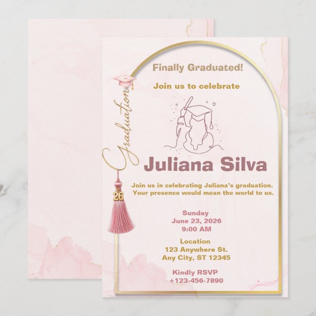 Convite de Formatura da Turma de 2026 Rosa Dourado (Frente/Verso)