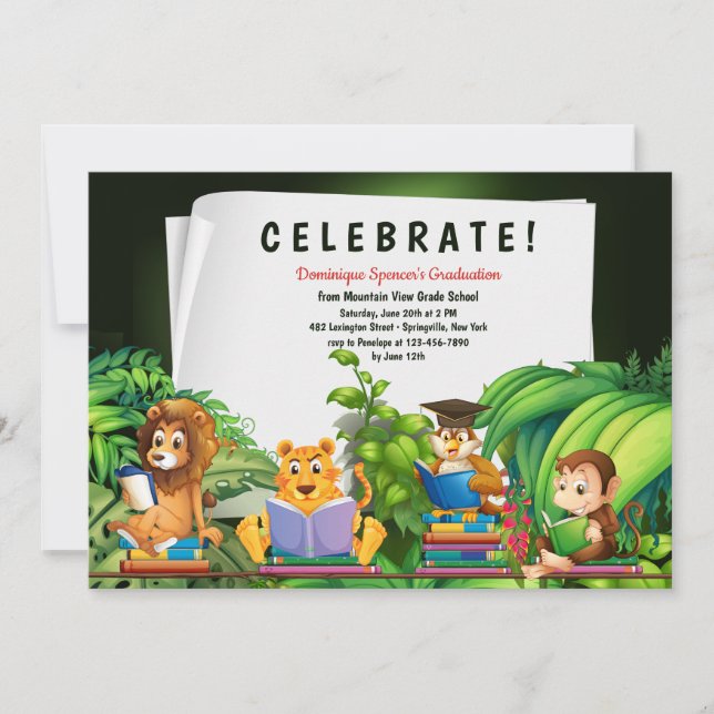 Convite de Formatura de Animais da Selva Estudioso (Frente)