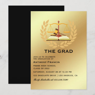 Convite de formatura de direito em preto e dourado