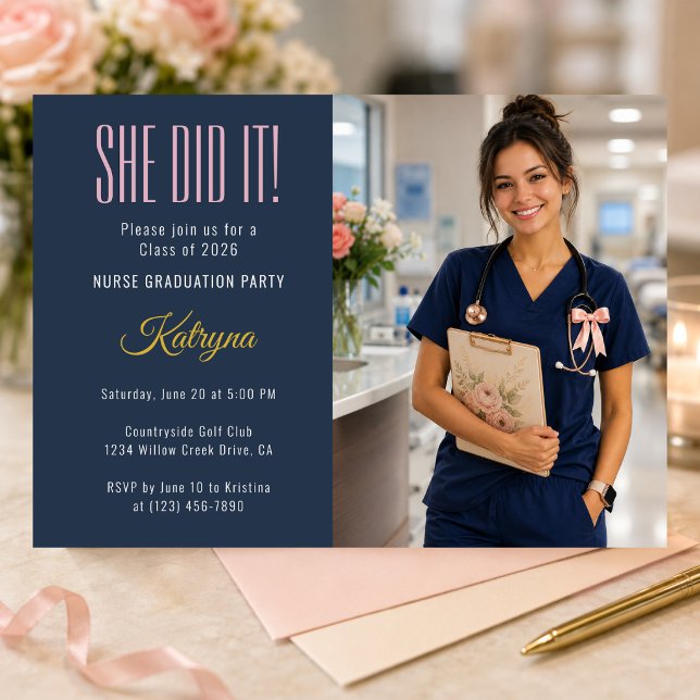Convite de Formatura de Enfermagem Coquette (Elegant coquette nurse graduation invitation with modern feminine navy blush aesthetic)