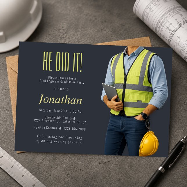 Convite de Formatura de Engenharia Civil (Modern civil engineer graduation invitation with a clean industrial-inspired design.)