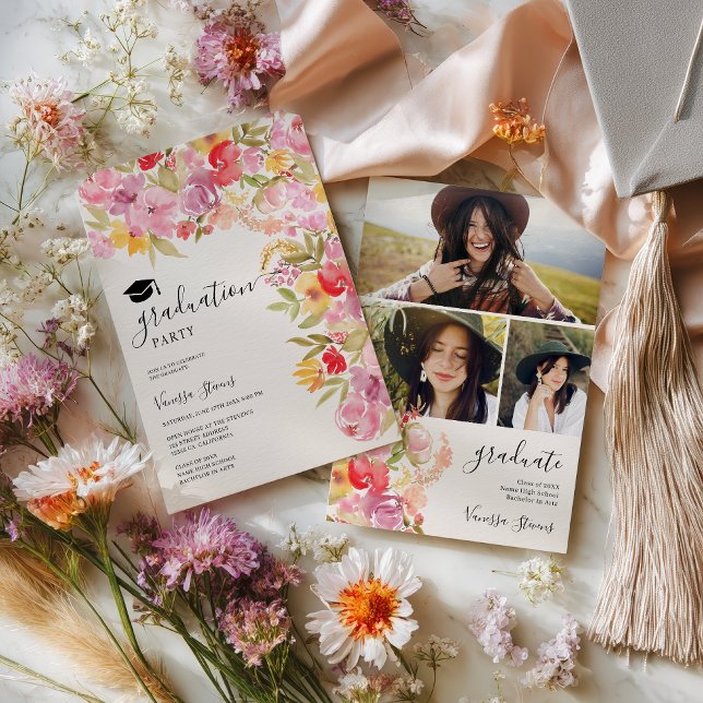Convite de formatura de flores silvestres Boho Flo (Boho Floral wildflowers 3 photos graduation Invitation)