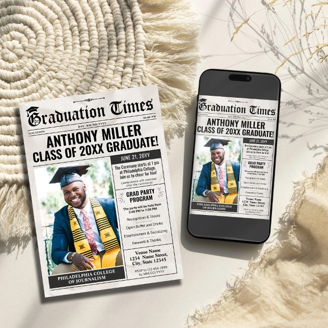Convite de Formatura de Jornal Personalizado (Newspaper Graduation Invitation Grad Announcement Card)
