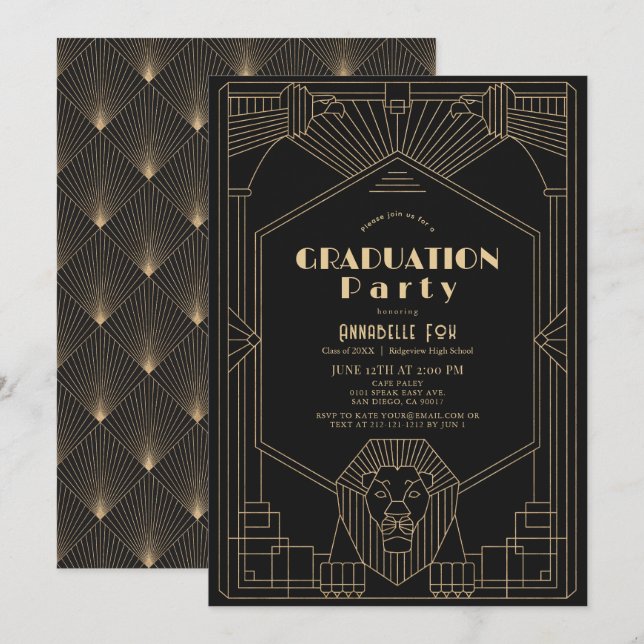 Convite de Formatura Deco dos Anos 1920 Leão Preto (Frente/Verso)