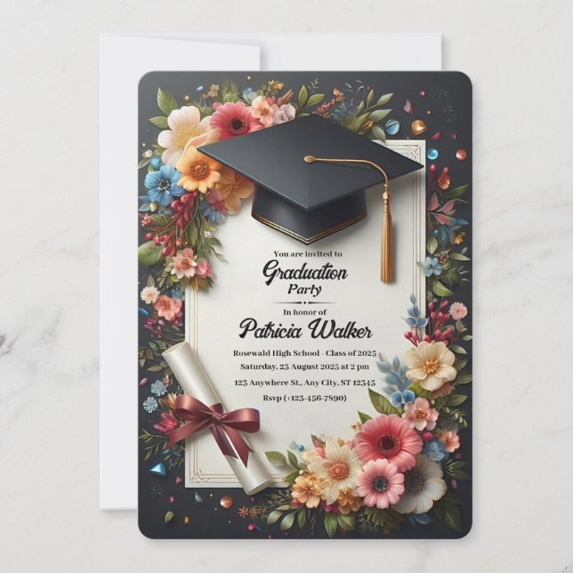 Convite de Formatura Elegante com Florais Escuros (Frente)