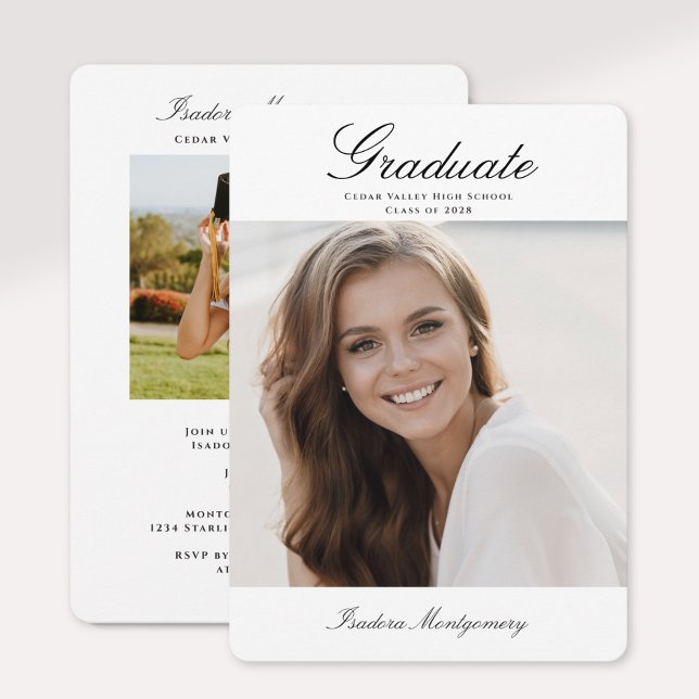 Convite de Formatura Elegante com Foto (elegant white and black photo graduate announcement with photo and party invitation on the back )