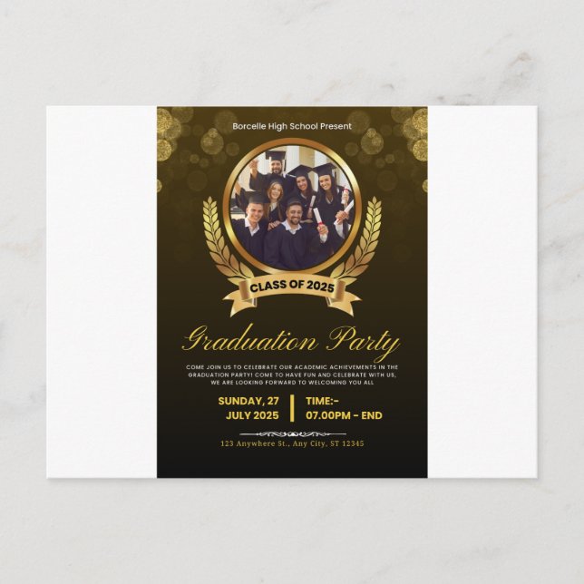 Convite de formatura elegante preto e dourado. (Frente)