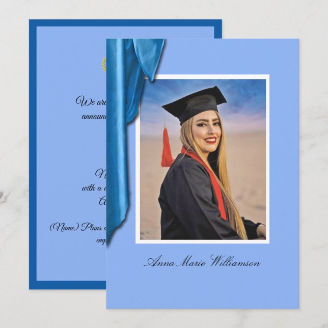 Convite de Formatura em Seda Azul Elegante (Frente/Verso)