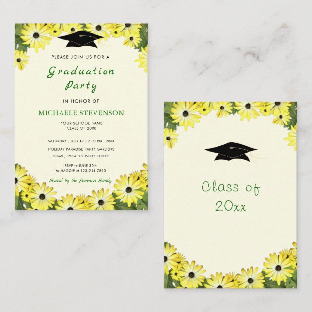 Convite de Formatura emoldurado com flores amarela (Frente/Verso)