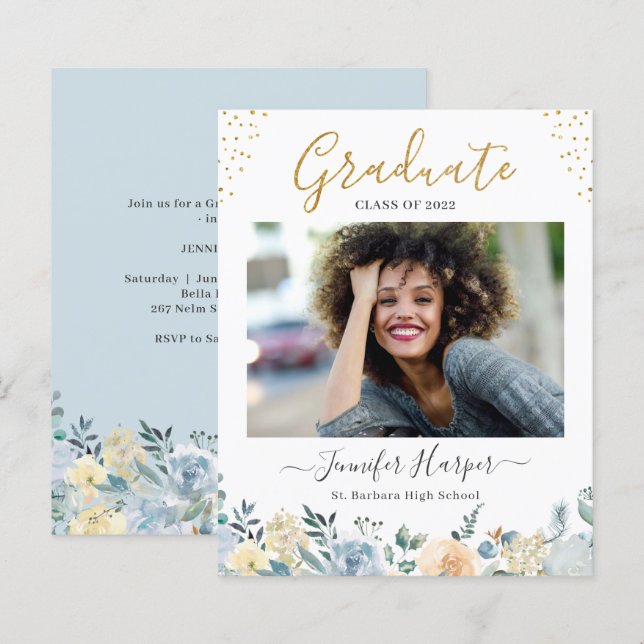 Convite de Formatura Floral Azul Empoeirado (Frente/Verso)