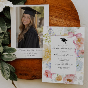 Convite de Formatura Floral com Foto Laço Rosa