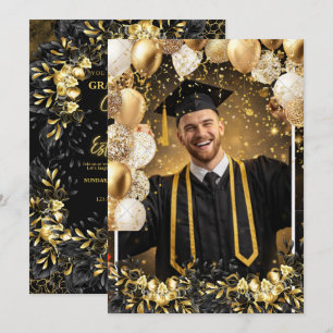 Convite de Formatura Floral Preto e Dourado com P