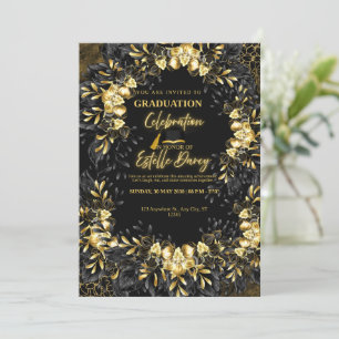 Convite de Formatura Floral Preto e Dourado com P