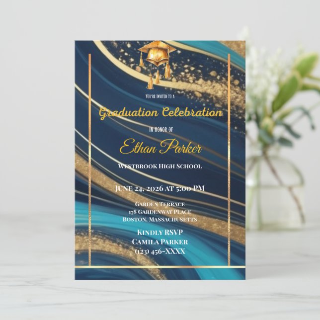 Convite de Formatura Foto Azul Marinho e Dourado E (Em pé/Frente)