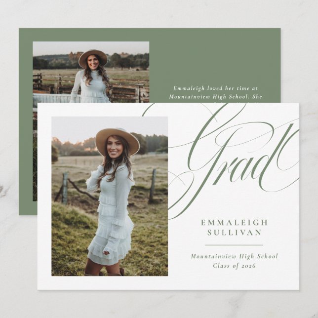 Convite de Formatura Foto Script Elegante Verde (Frente/Verso)