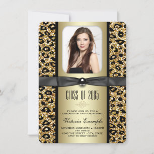 Convite de Formatura Glitter Dourado Leopardo