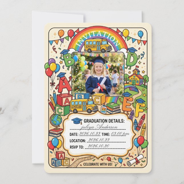 Convite de Formatura Infantil, Pré-Escolar Pré-K J (Frente)