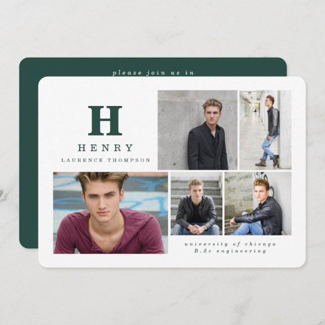 Convite de formatura inicial multi foto verde (Frente/Verso)