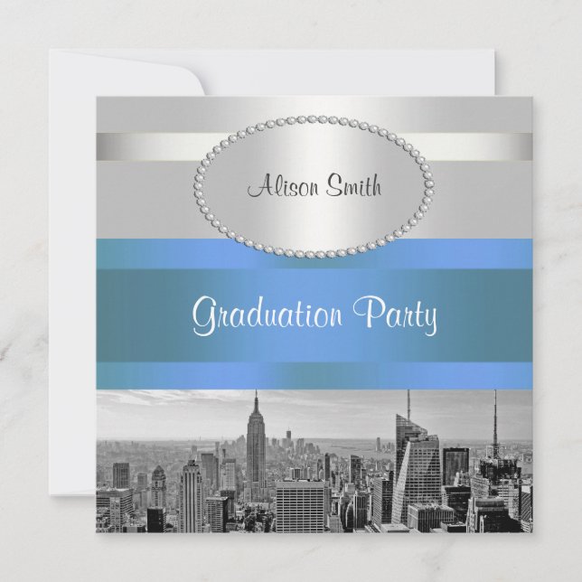 Convite de Formatura NYC Skyline BW 05 Branco Azul (Frente)