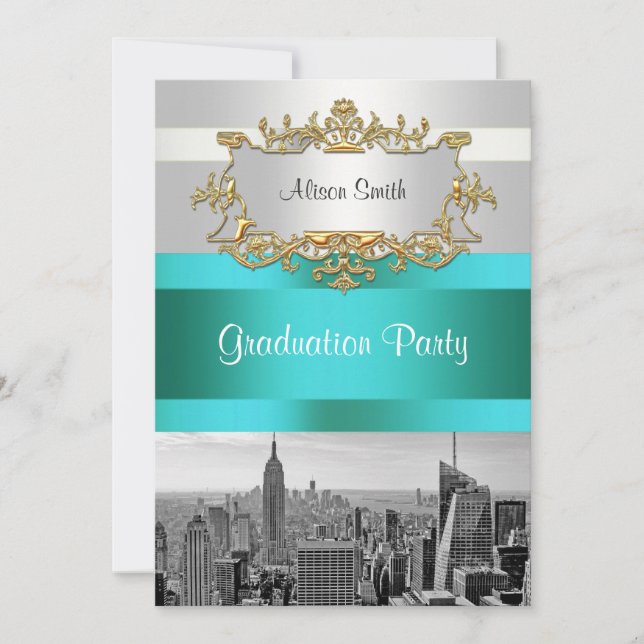 Convite de Formatura NYC Skyline BW 05 Branco Teal (Frente)