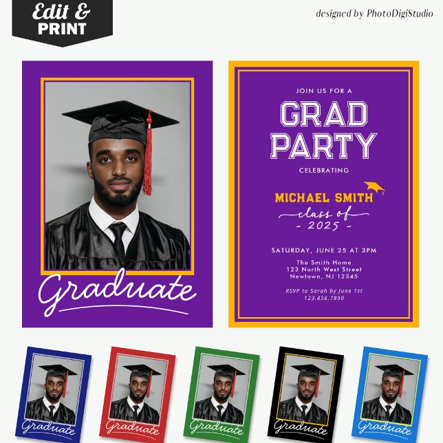 Convite de Formatura Personalizado | Design Clássi (Custom Graduation Invitation Card | Purple and Gold Classic Design for Graduation Party and Ceremony)