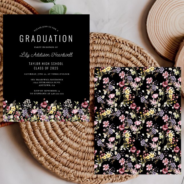 Convite de Formatura Preto com Padrão de Flor Silv (Criador carregado)