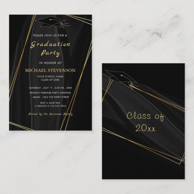 Convite de Formatura Preto Dourado de Arte em Mold (Frente/Verso)