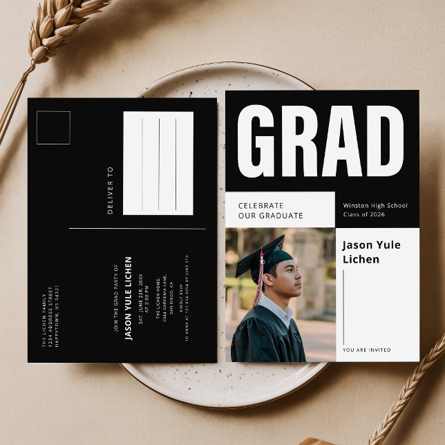 Convite de Formatura Preto e Branco Foto de Graduç (Criador carregado)