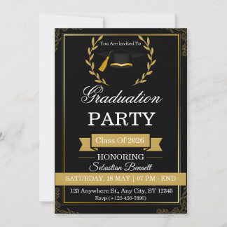 Convite de Formatura Preto e Dourado Elegante