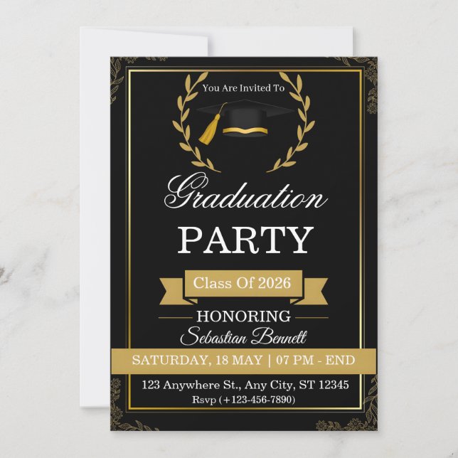 Convite de Formatura Preto e Dourado Elegante (Frente)