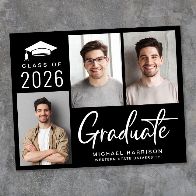 Convite de Formatura Preto Orçamento 3 Fotos (Cherish the milestone: share your graduate's achievement with a custom photo graduation announcement)
