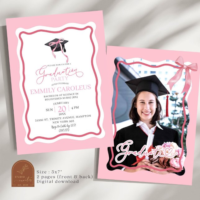 Convite de Formatura Retro Ondulado Rosa Com Foto (Criador carregado)