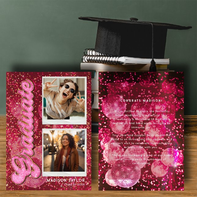 Convite de Formatura Retro Rosa Brilhante Disco Bo (Criador carregado)