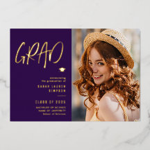 convite de formatura roxo texto ouro moderno
